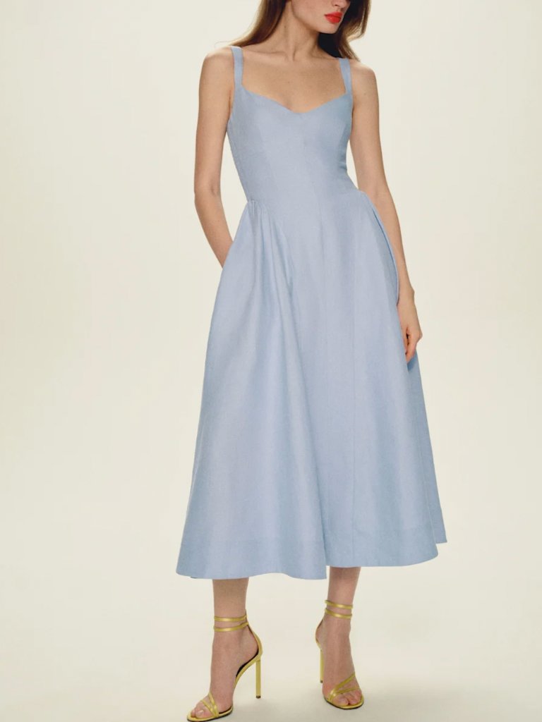 Euc Reformation Birdie Linen Midi Dress Sz4 Cloud Blue Classic Casual